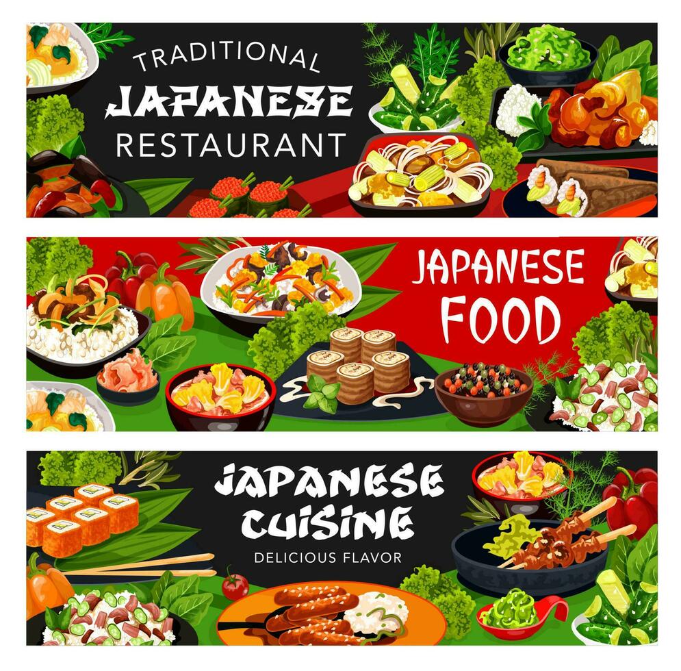 japonés restaurante comida con asiático platos pancartas vector