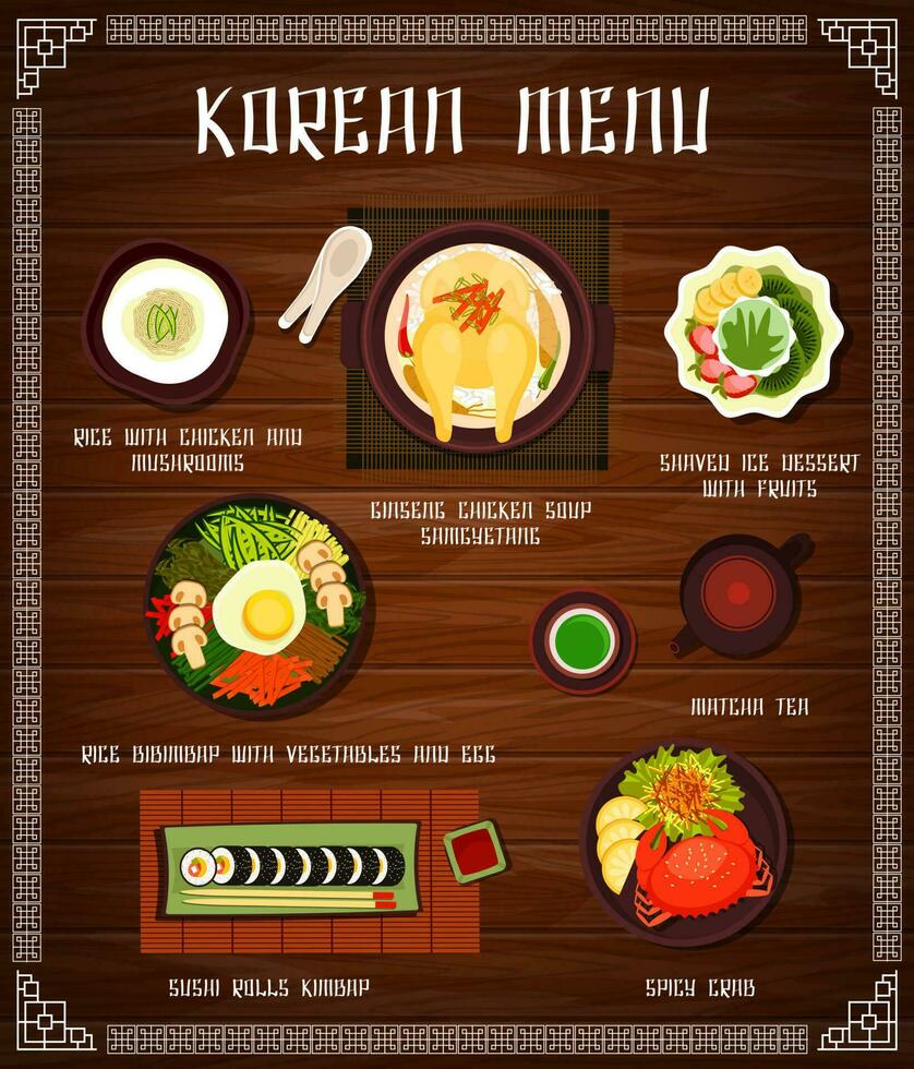 coreano cocina vector menú comida de Corea, comidas