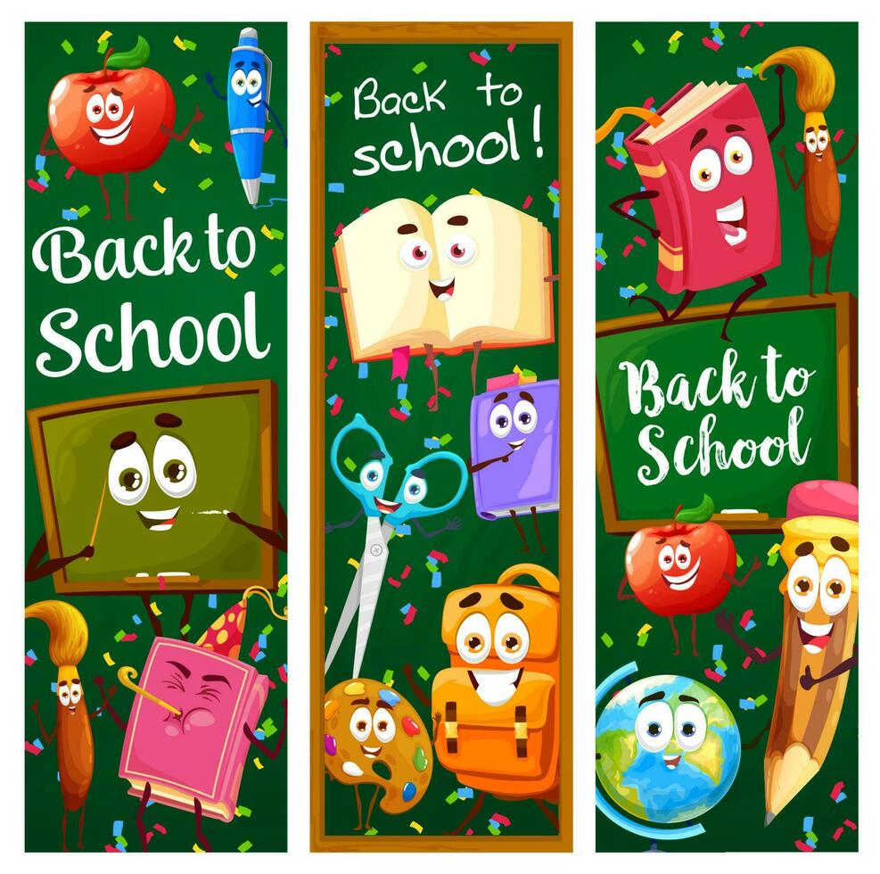 Back to school banners with cartoon learning stuff vector