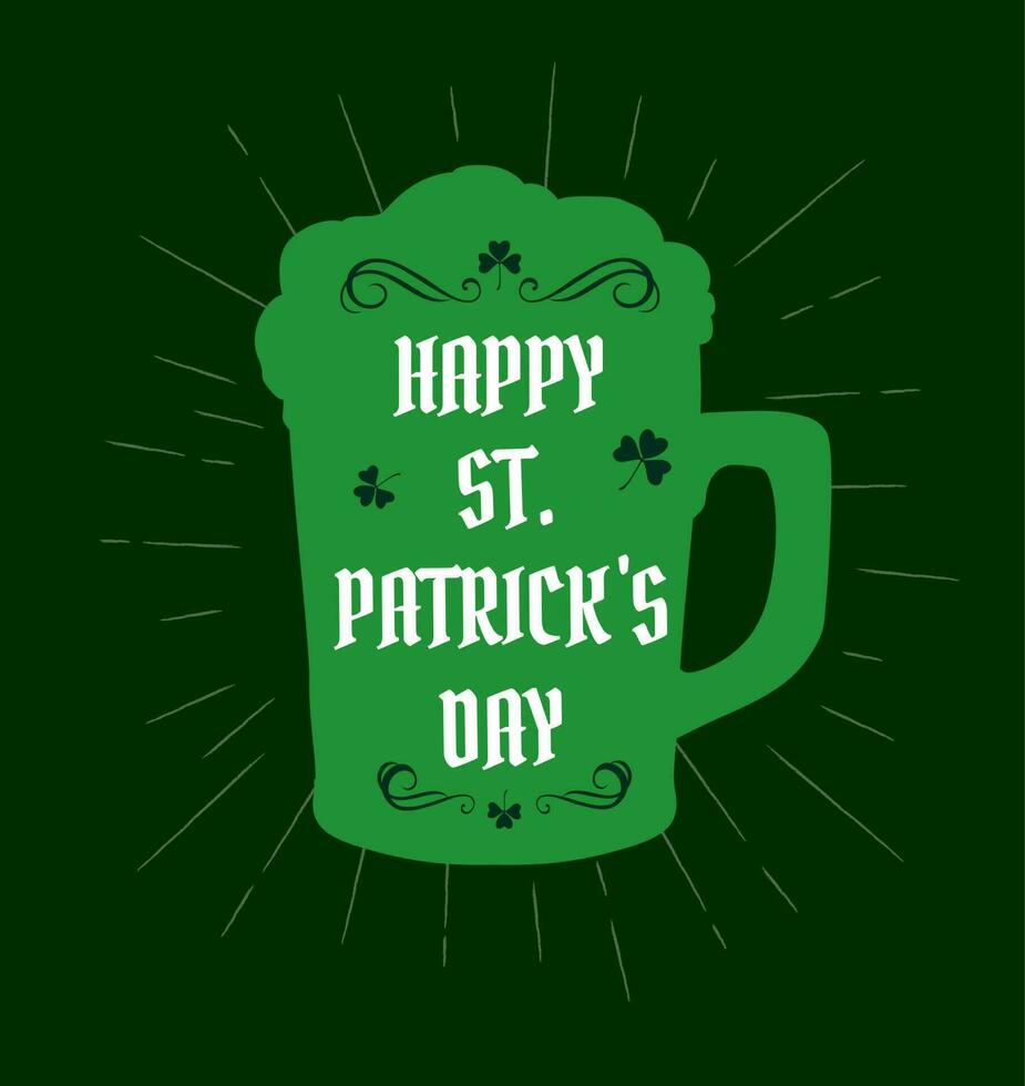 Happy Saint Patrick day, green ale beer pint mug vector