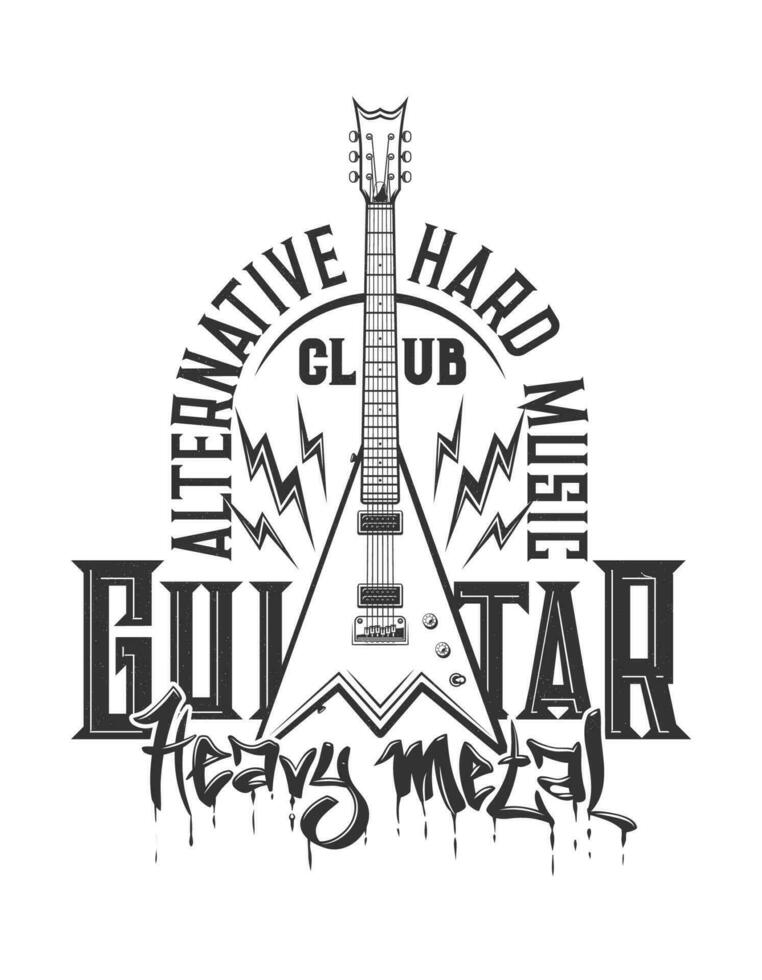 Tshirt print with electric guitar, vector emblem