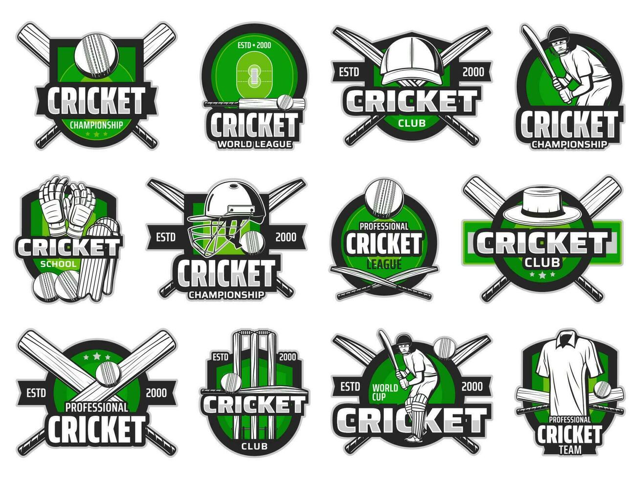 Cricket sport ball, bat and team player icons vector