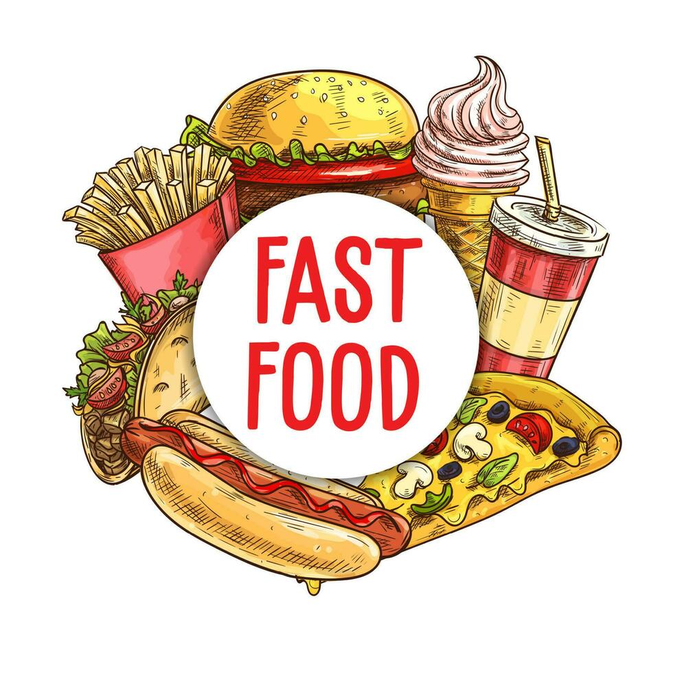 Fast food meals and drinks sketch vector frame