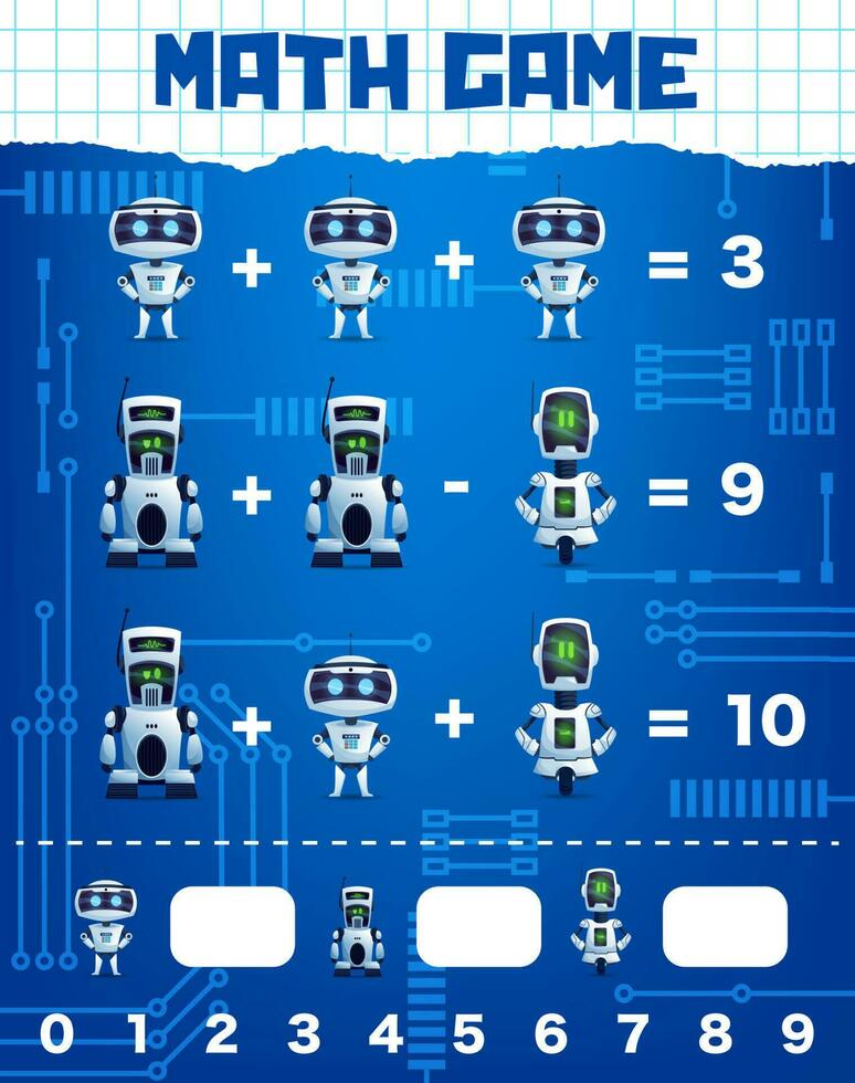 Math game worksheet with cartoon robot characters vector
