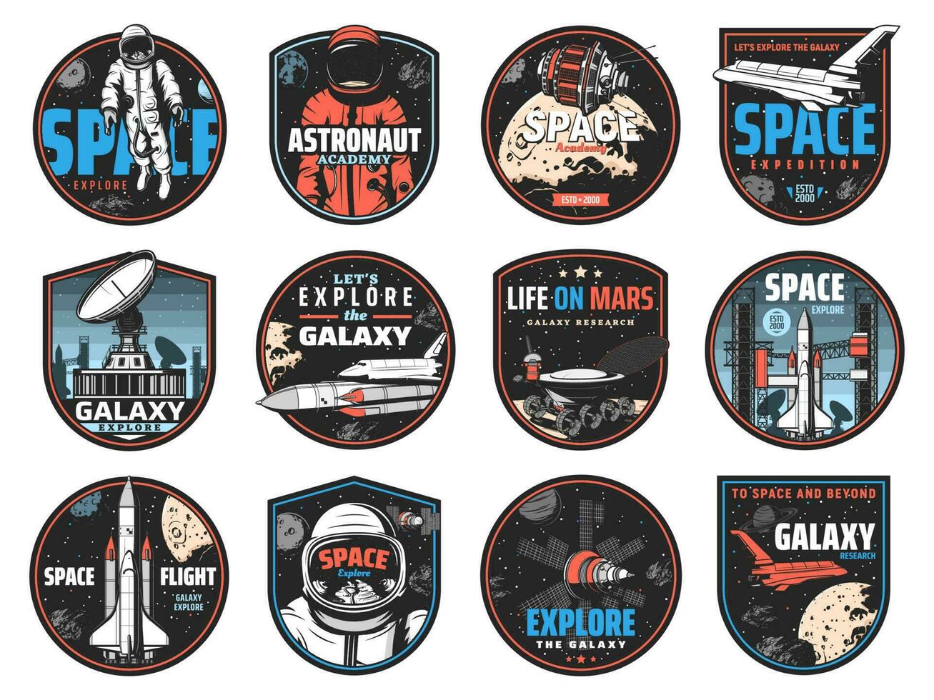 espacio insignias, astronautas, naves espaciales y planetas vector