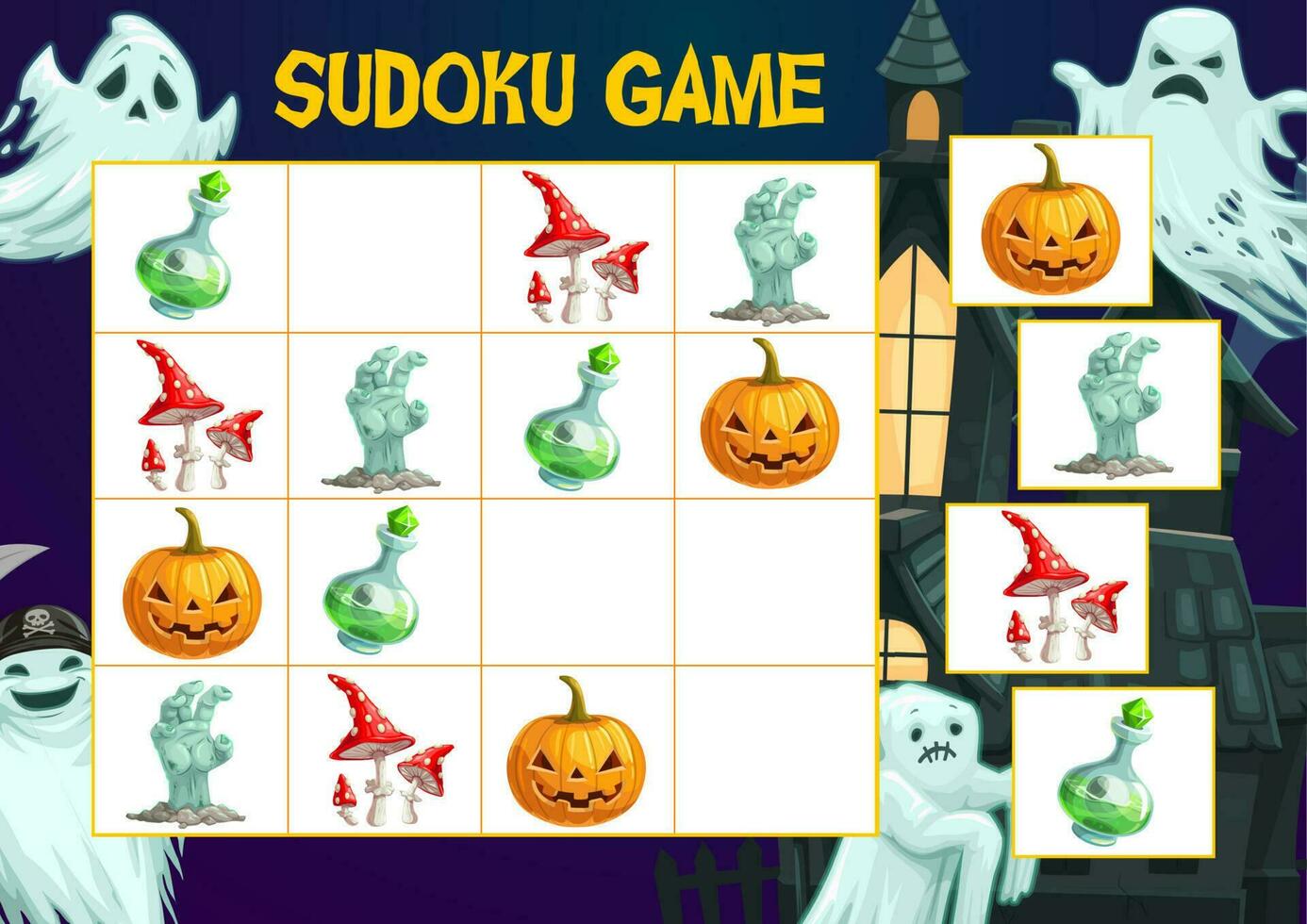 Child puzzles book page, Halloween sudoku game vector