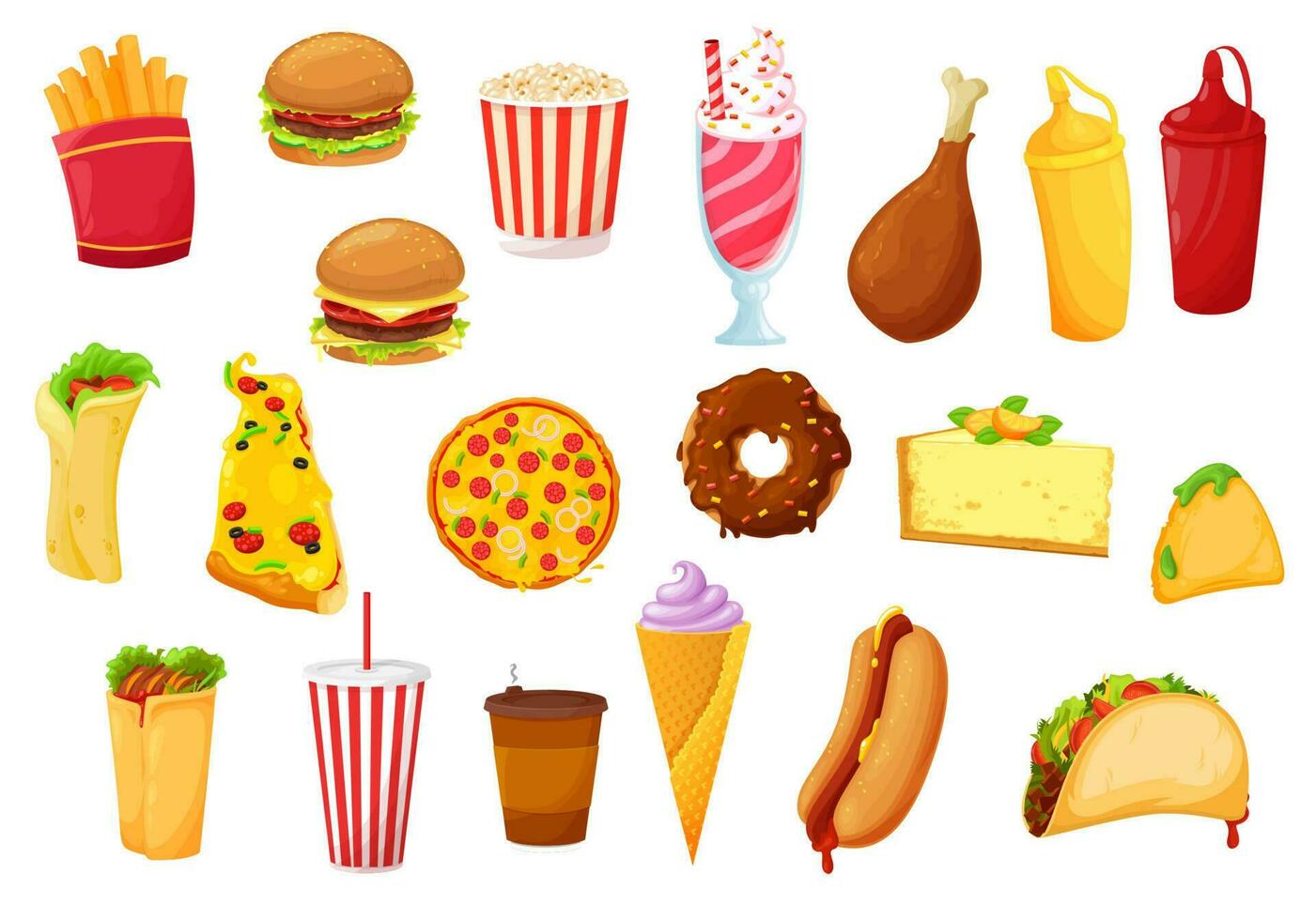 Fast food icons, burger, pizza, meals and drinks vector