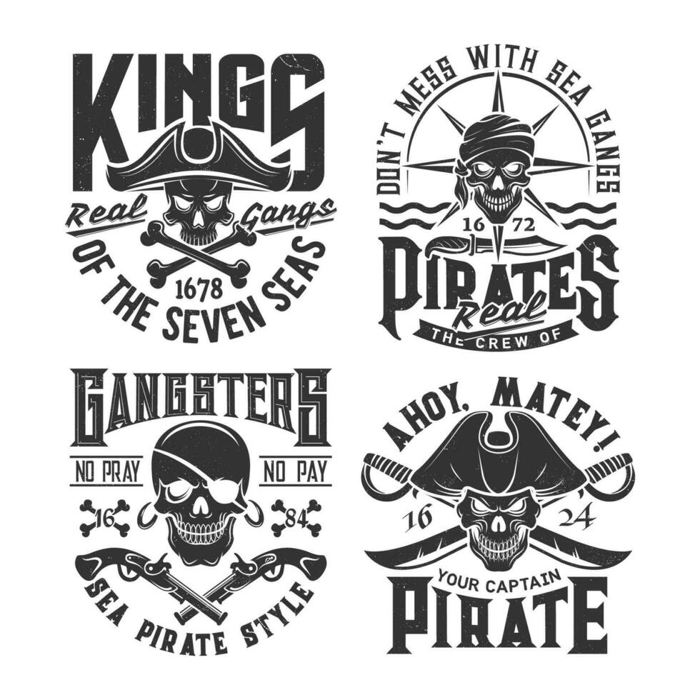 Pirates skulls with crossed bones and weapon print vector