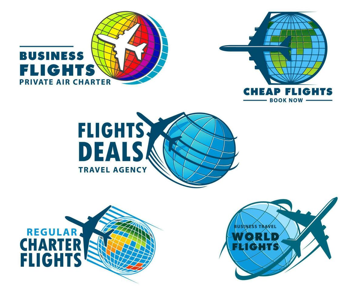 Airplane flights vector icons flight tours emblems