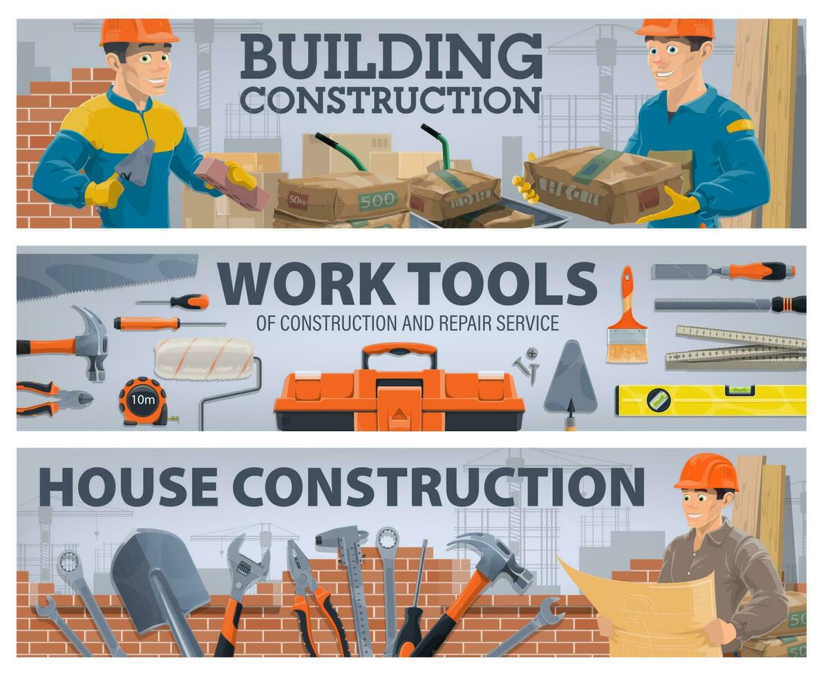 Construction worker and work tools vector banners