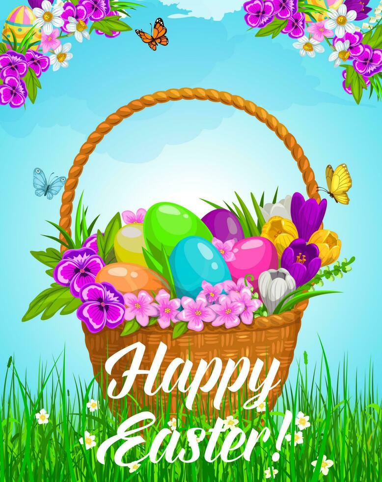 Easter basket with flowers and eggs on green lawn vector