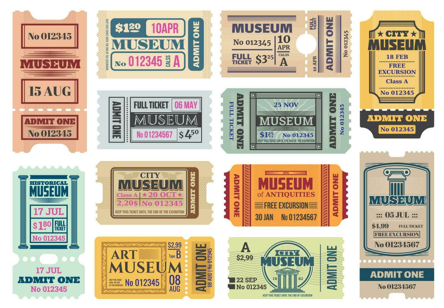 Museum retro tickets, admits vector templates