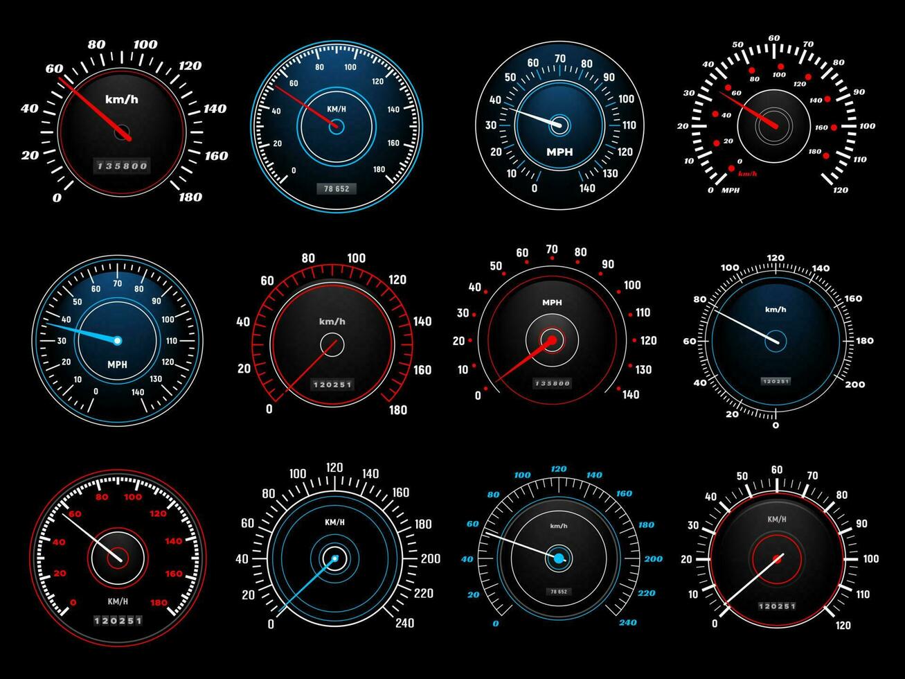 Speedometers, speed indicators, vector dashboard