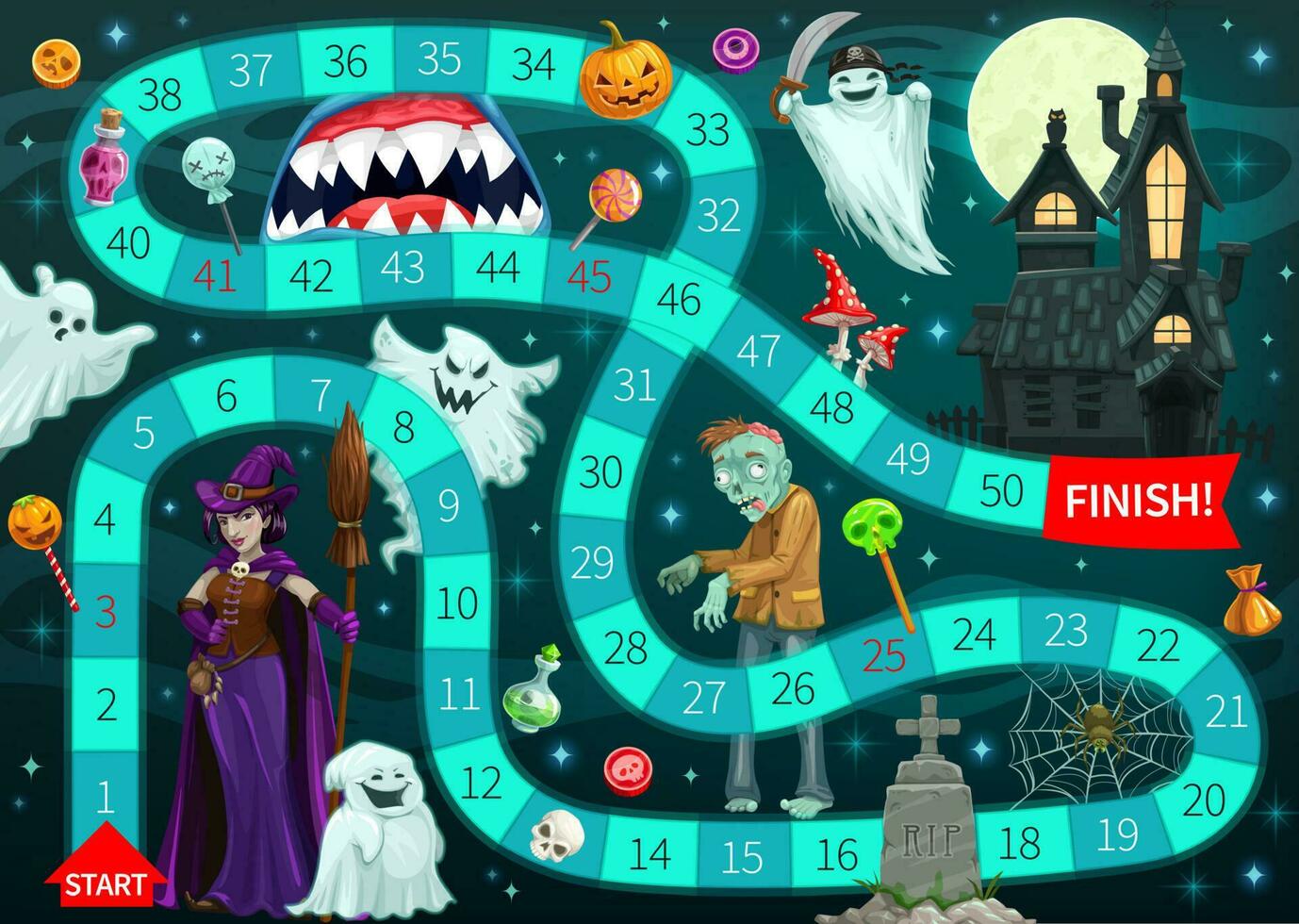 Start to finish Halloween board game template vector