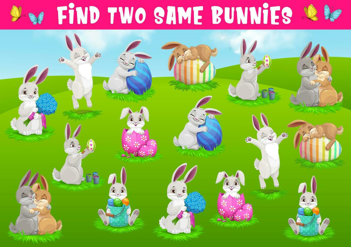 Kids game find two same bunnies vector puzzle