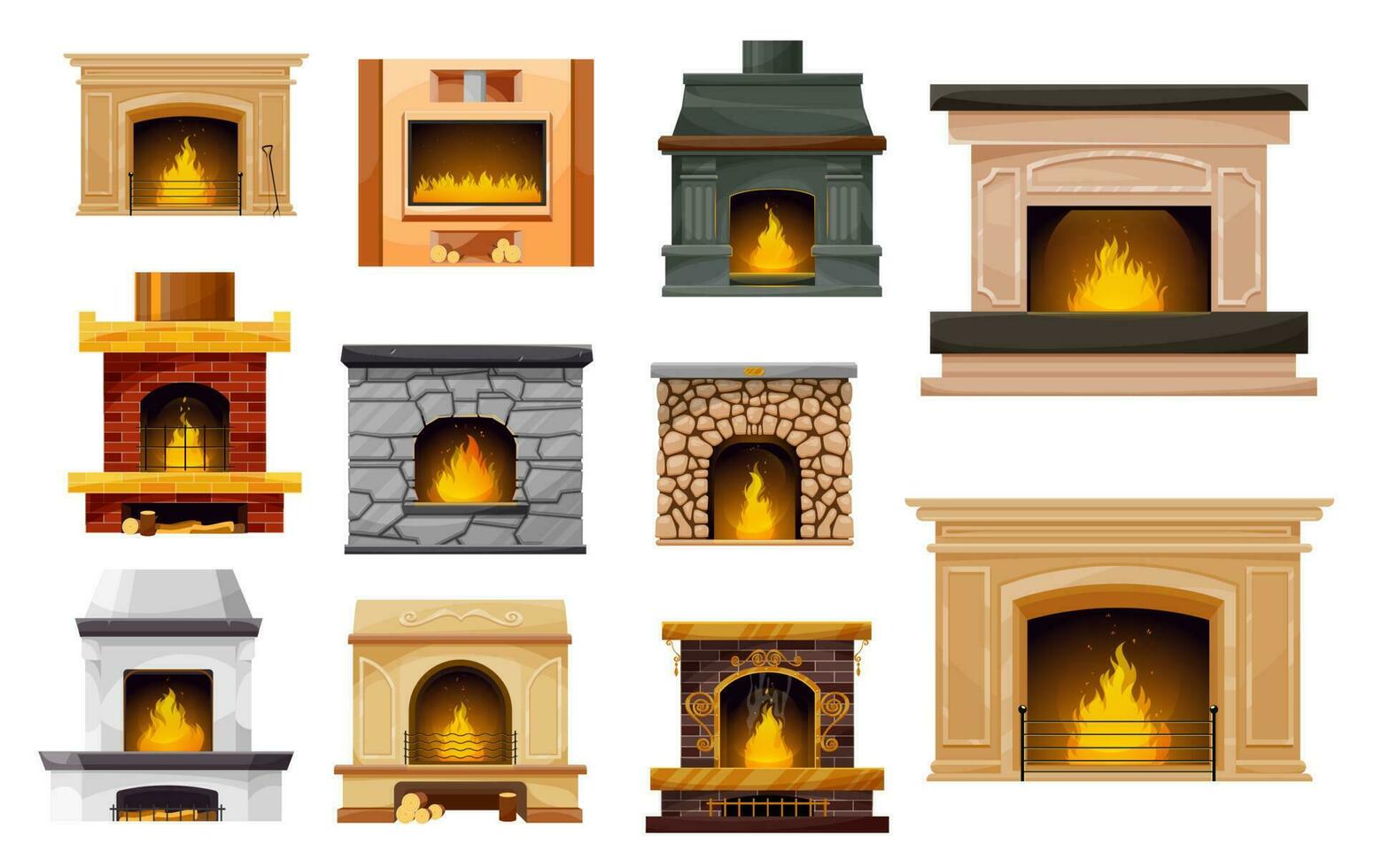 Fireplace and fire isolated icons, interior design vector