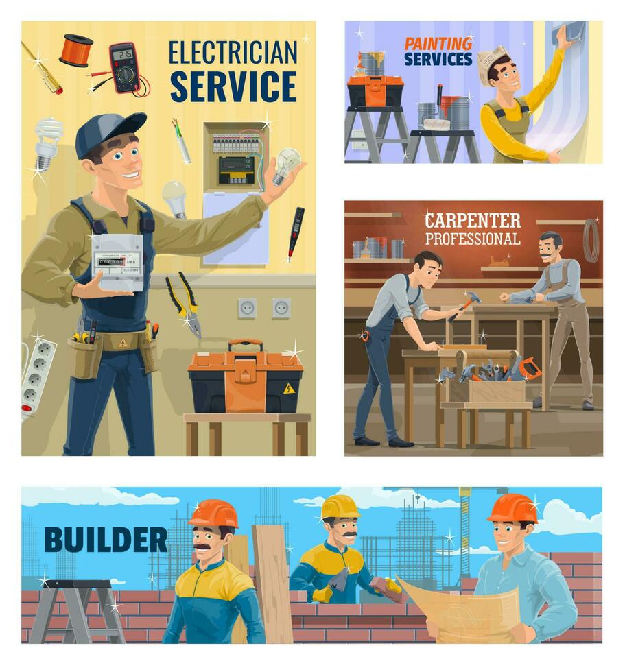 Electrician and painting service, builder banner vector