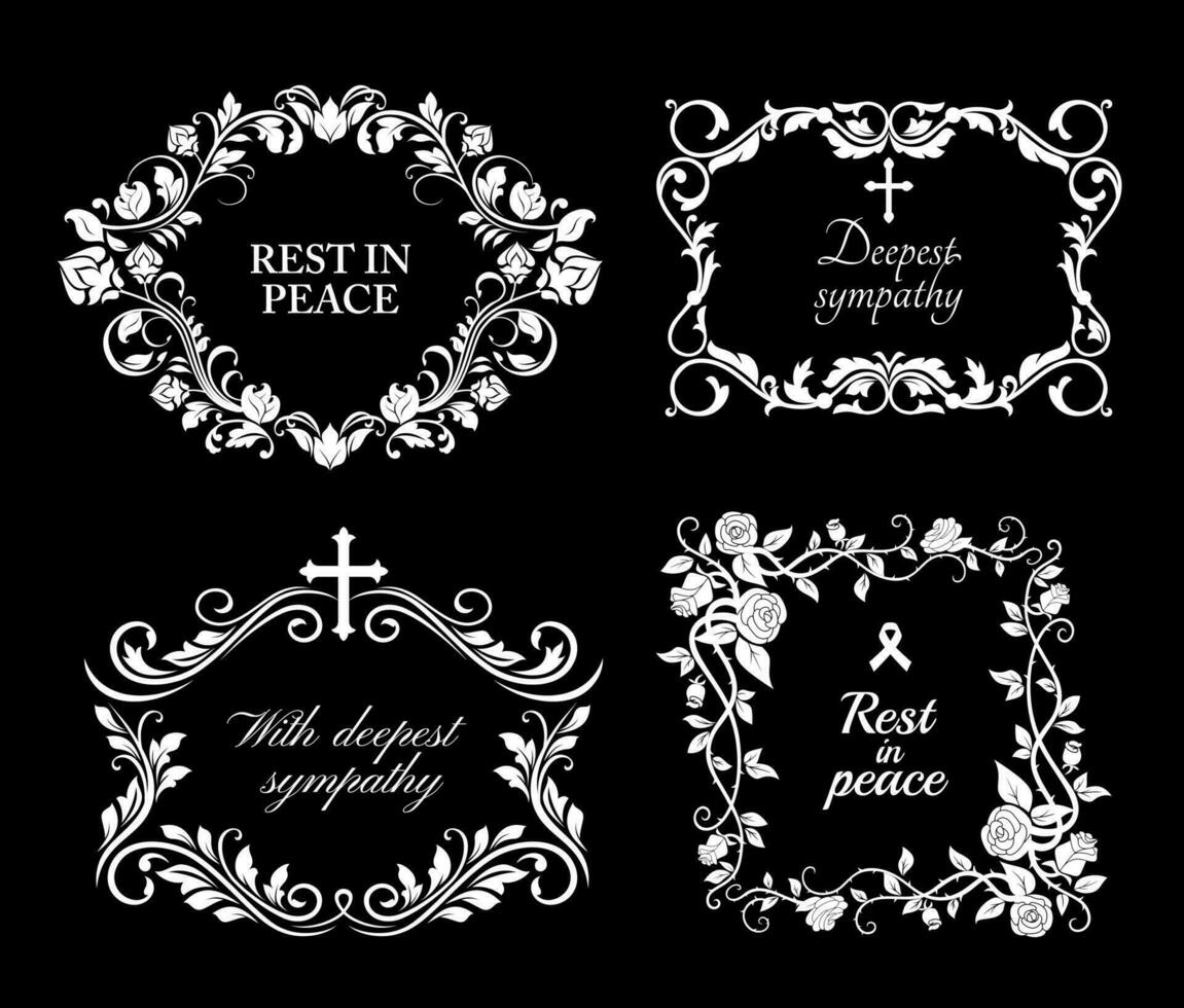 Funeral vector frames, isolated floral borders set