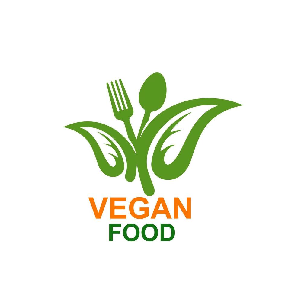 vegano comida vector icono, tenedor, cuchara, verde hojas