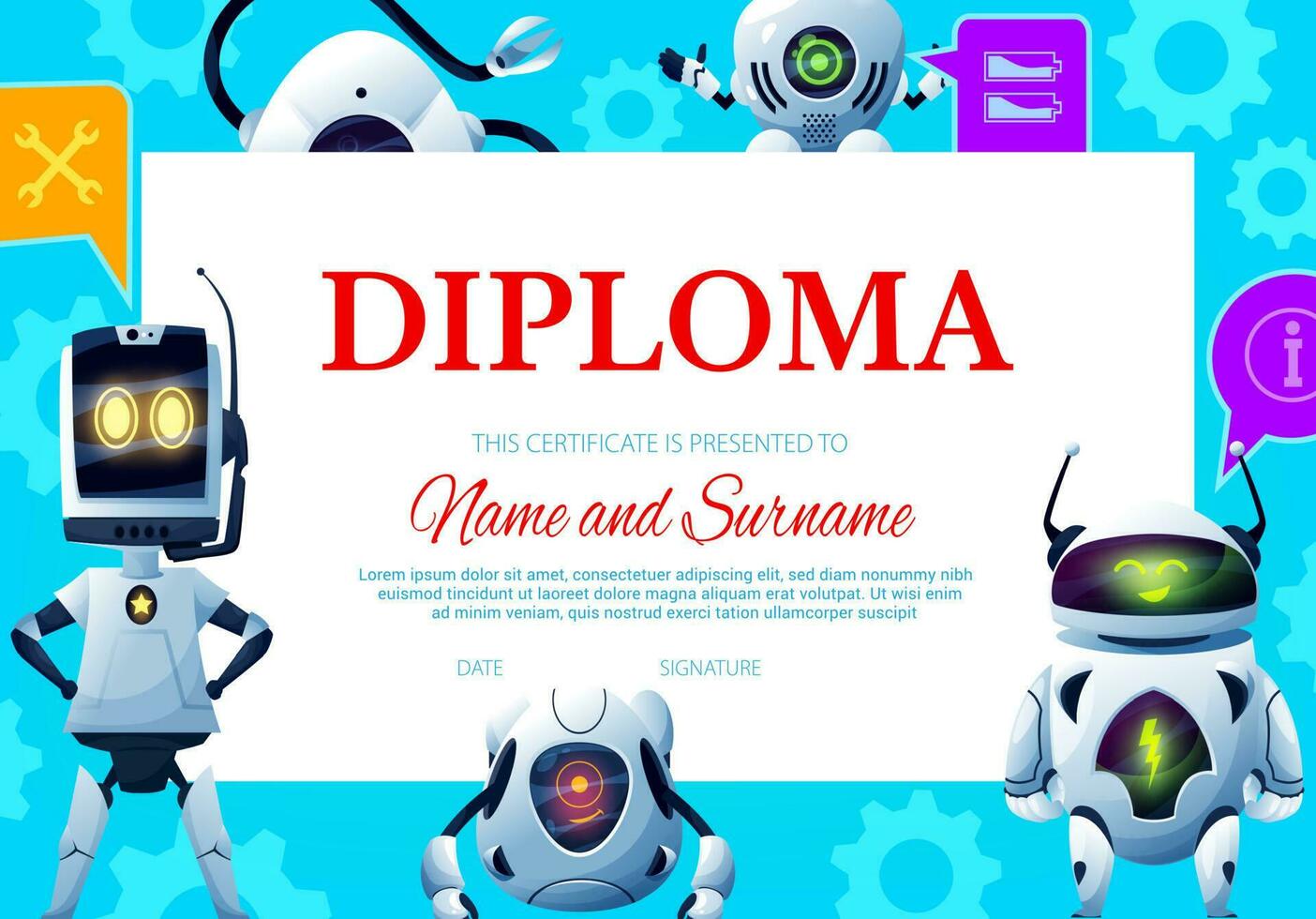 Diploma certificate for kids, cartoon robot droids vector