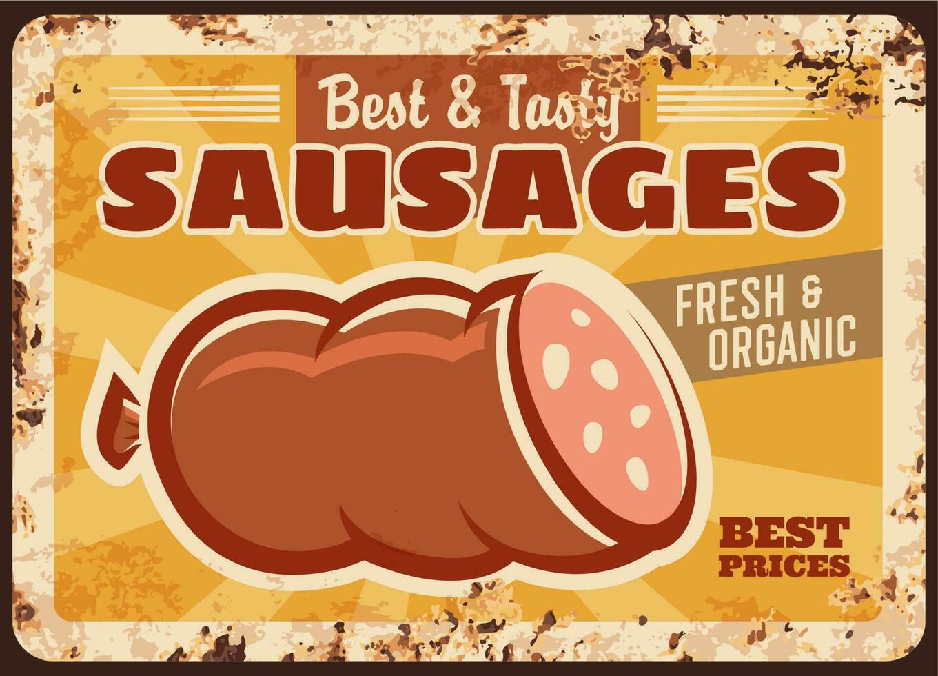 Sausages rusty metal plate, ferruginous ad card vector