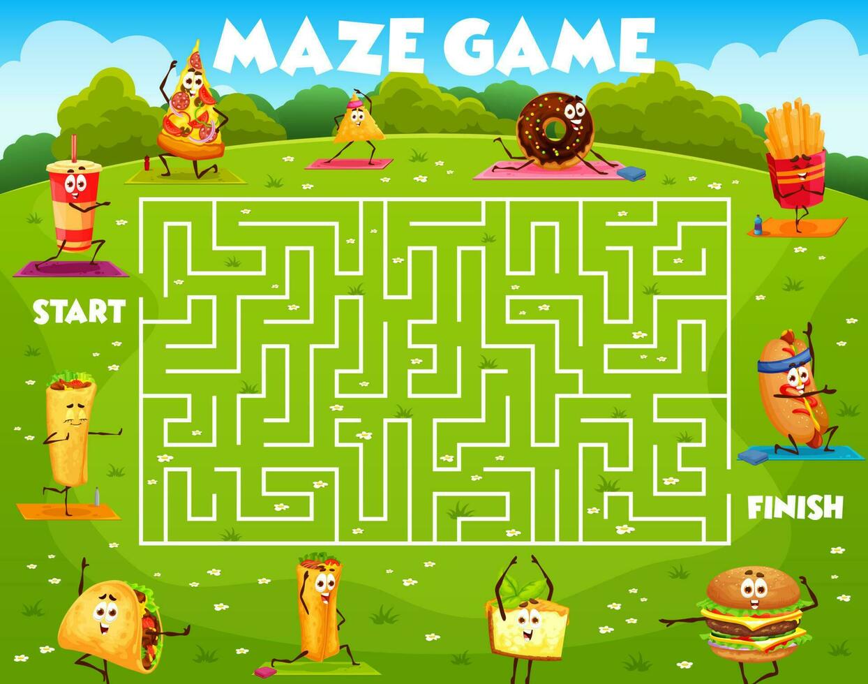 Labyrinth maze game, cartoon fast food on yoga vector