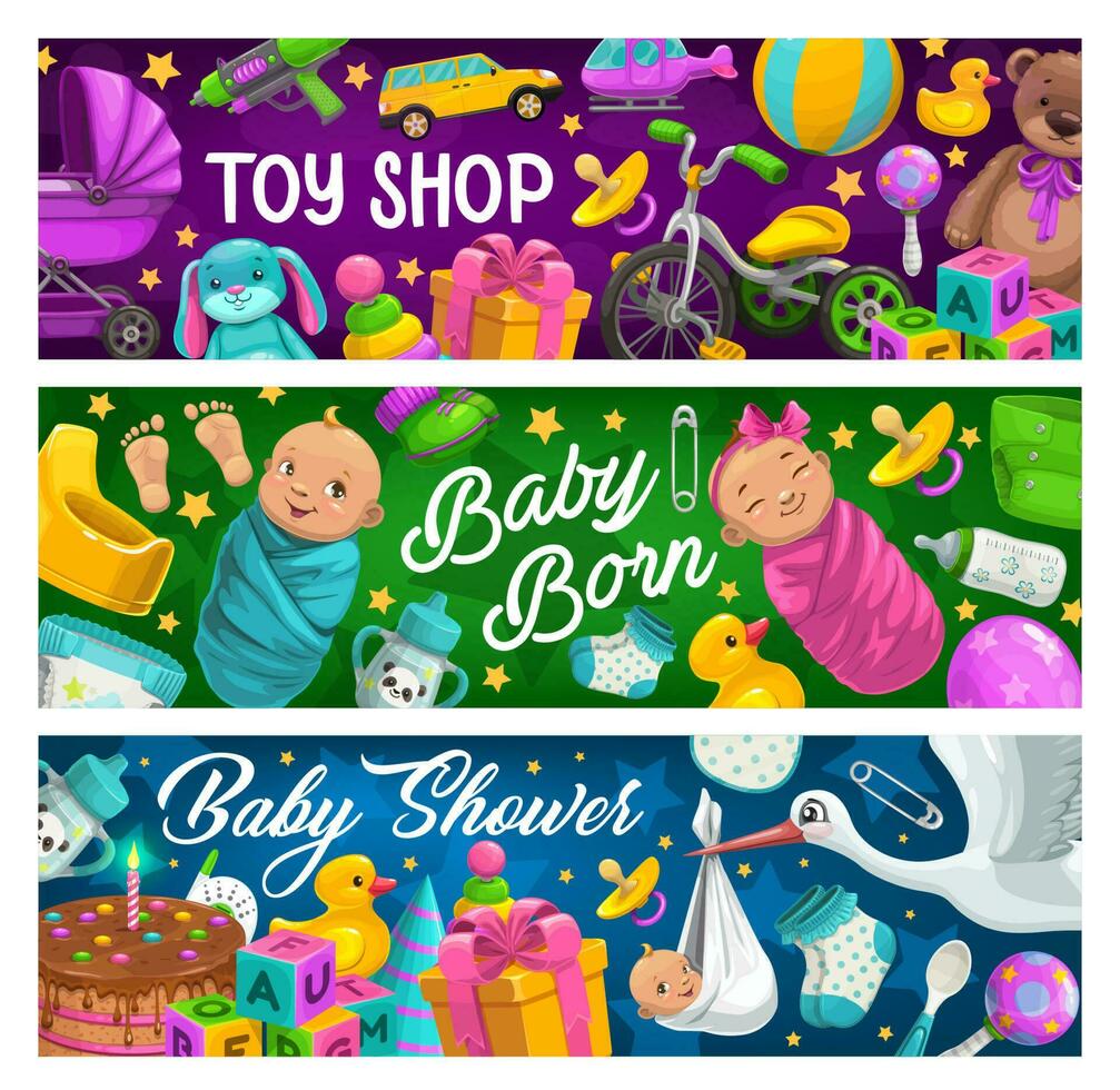 niños productos y juguetes tienda vector pancartas