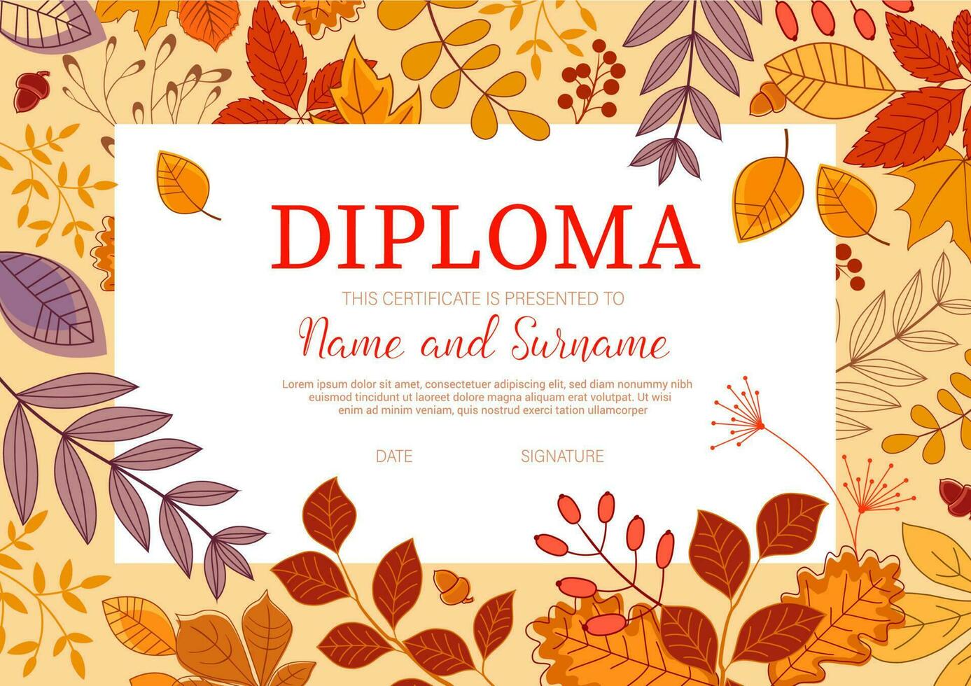 Diploma template with autumn season foliage fall vector