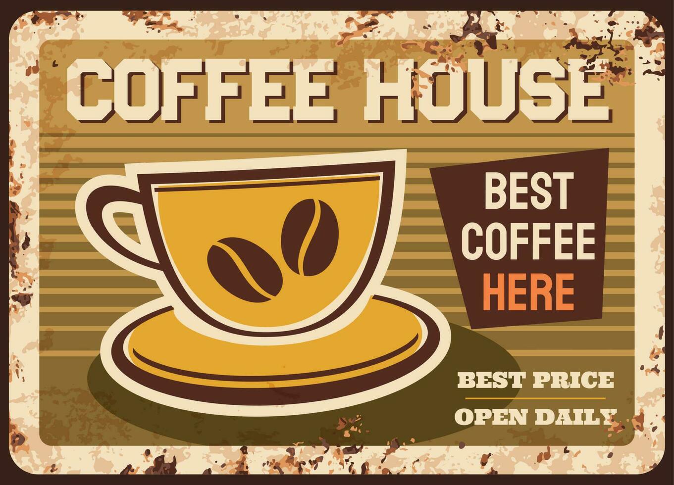 Coffee house metal plate rust, cafe bar menu sign vector