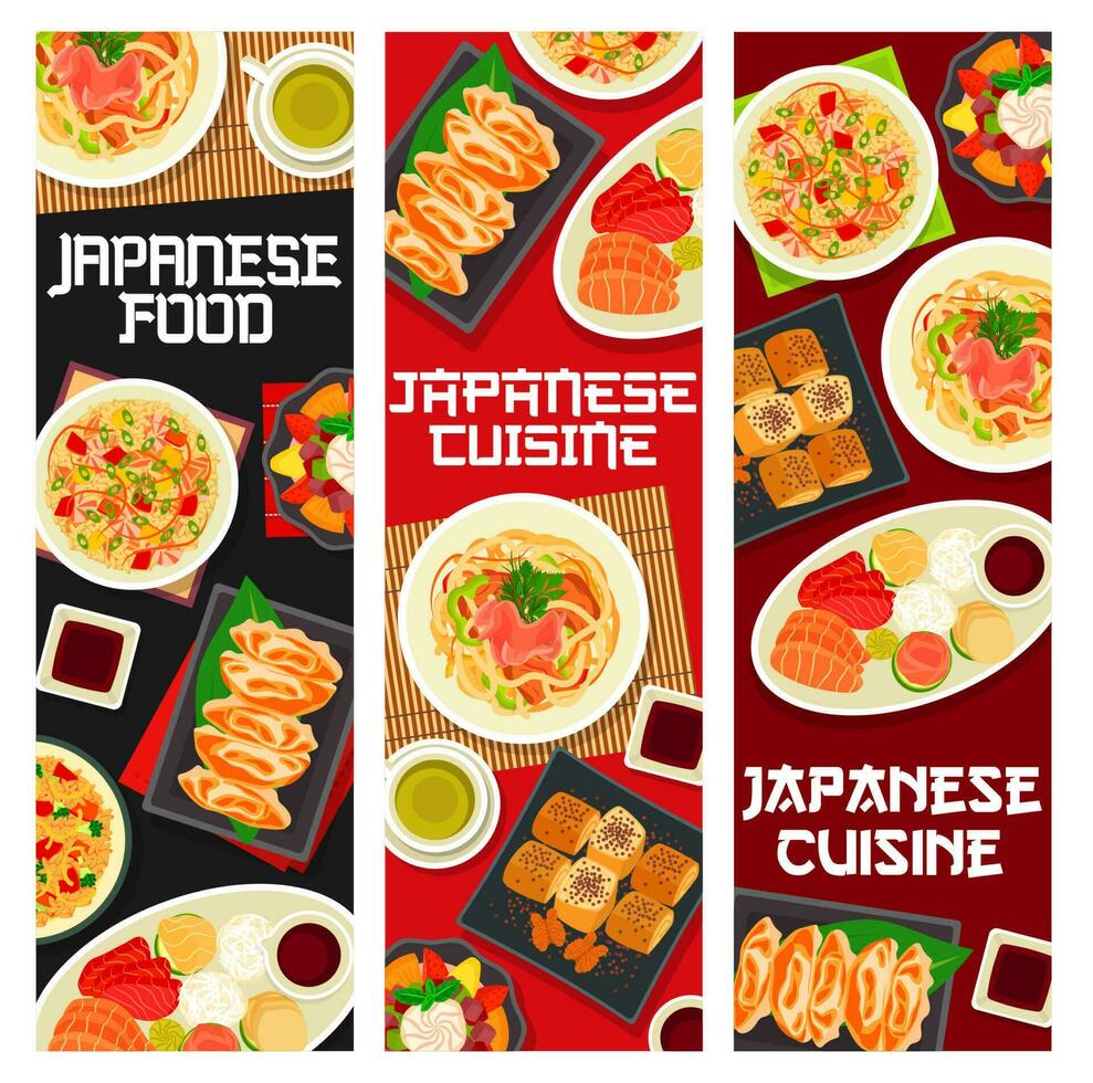 Japanese food, Asian cuisine udon noodles, seafood vector