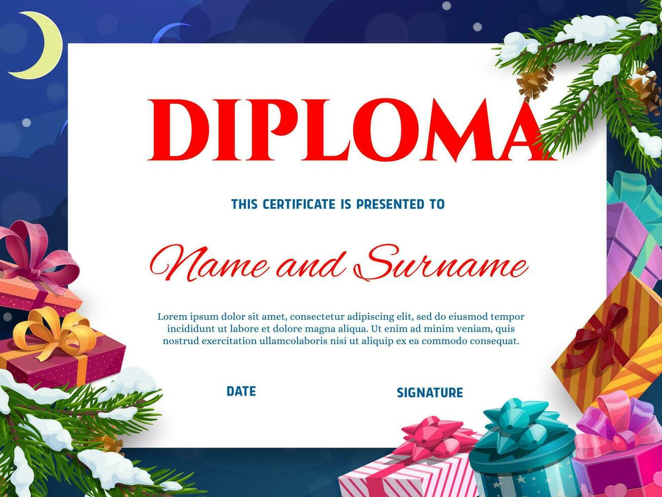 Kids diploma, certificate with Christmas gifts vector