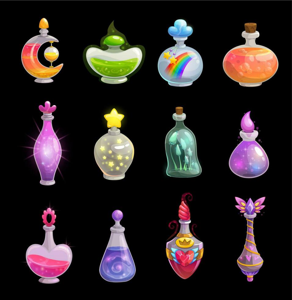 Potion bottles vector icons elixir in glass flasks