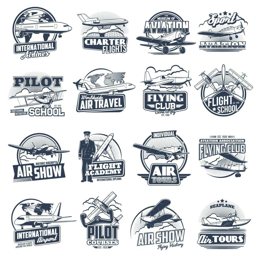 Aviation vector icons vintage and modern planes