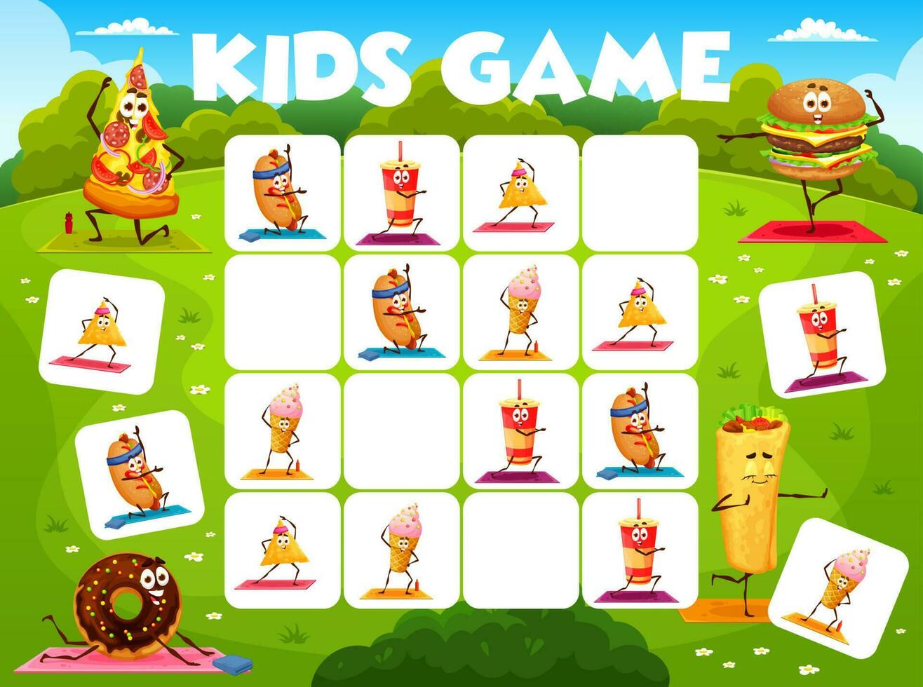 Sudoku kid game, cartoon fast food yoga characters vector