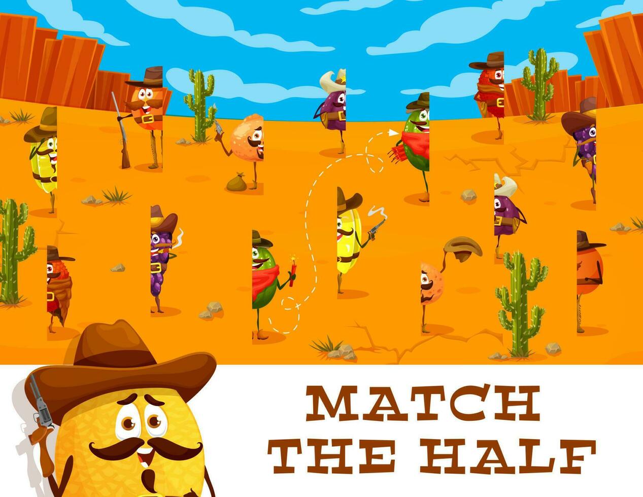 Wild West cowboy fruit characters, match half game vector