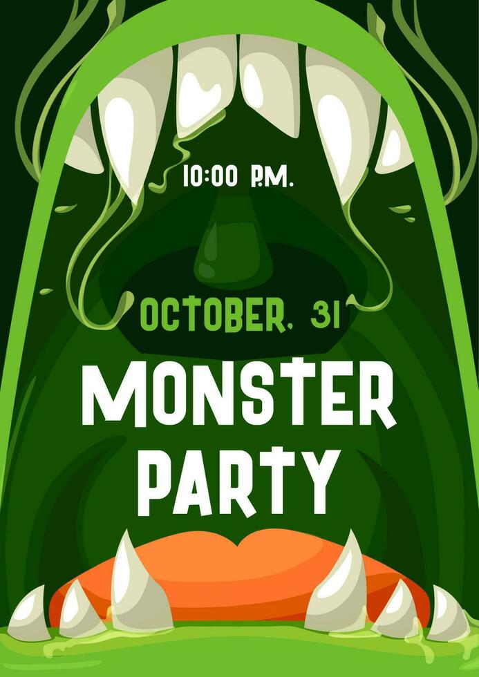 Halloween monster party poster, zombie mouth frame vector