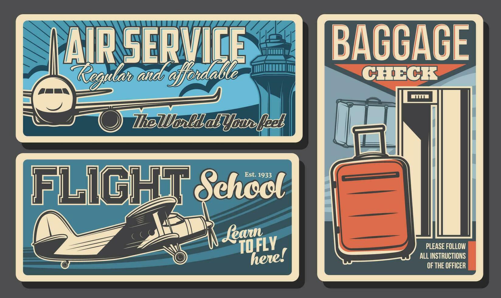 Air service, flight school, baggage check banners vector