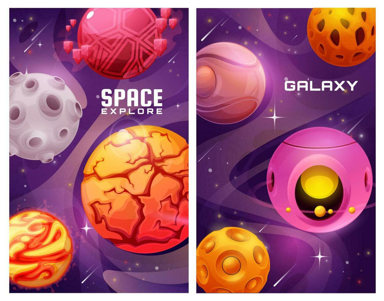 Space galaxy explore posters with cartoon planets vector