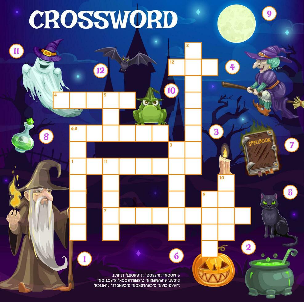 Holiday crossword grid, Halloween witch and ghosts vector