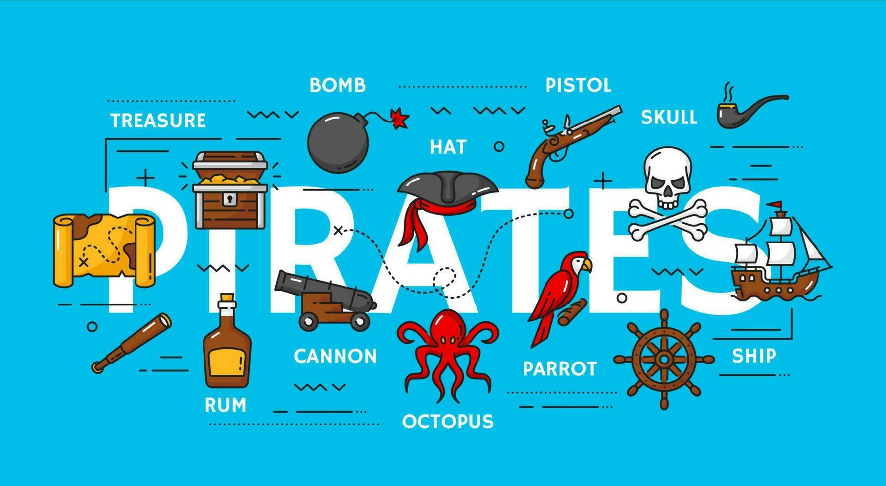 Piracy, pirate and corsair items outline icons set vector