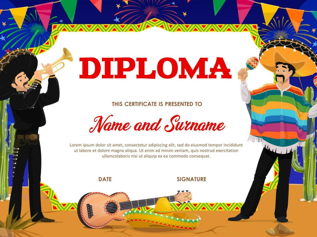 School education diploma vector with mariachi