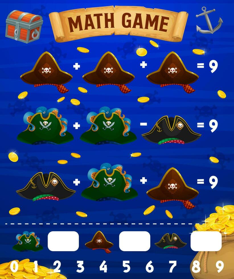 Math game worksheet with pirate tricorn hats vector