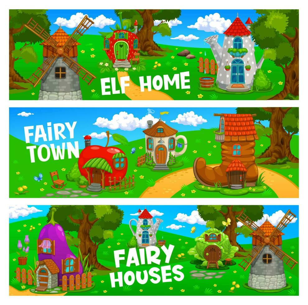 Fairytale cartoon house buildings on green lawn vector