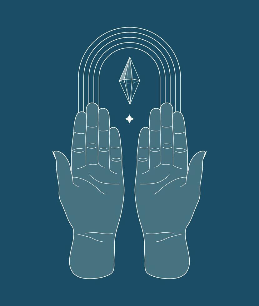 Hands holding crystal gem outline illustration. Magic esoteric concept. Modern vector illustration. Transparent line art. Minimalistic sticker design for web and print.