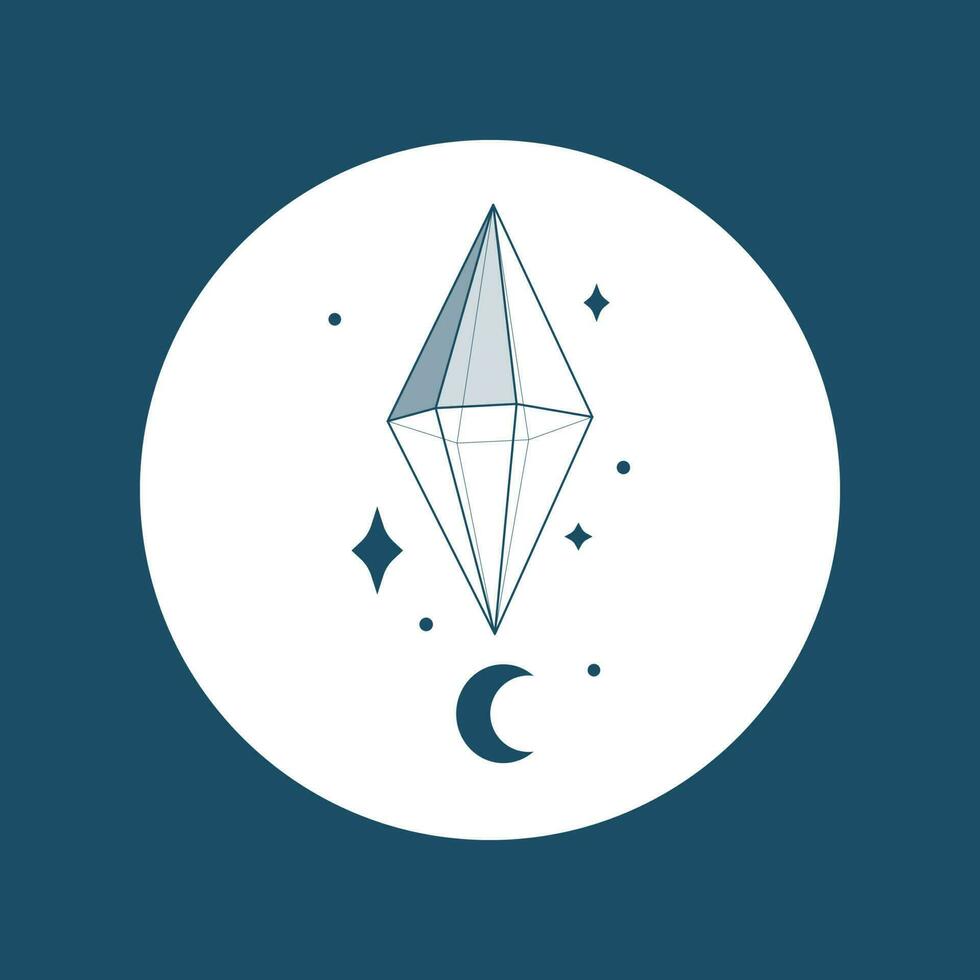Crystal gem and moon outline logo illustration. Magic crystal concept. Modern vector illustration. Transparent line art gem with stars. Minimalistic sticker design for web.