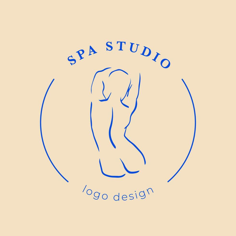 Trendy line art logo with woman body. Minimalistic blue drawing. Female figure continuous line abstract drawing. Modern logo design. Naked body vector illustration.