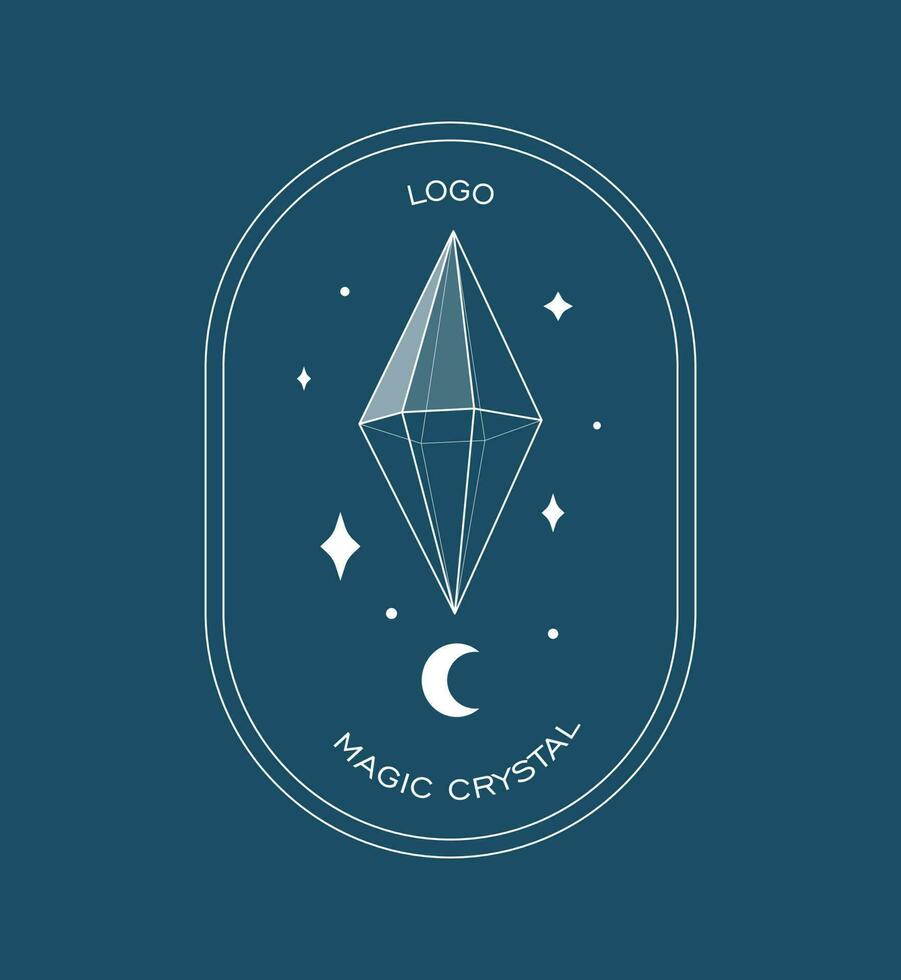 Crystal gem and moon outline logo illustration. Magic crystal concept. Modern vector illustration. Transparent line art gem with stars. Minimalistic sticker design for web.