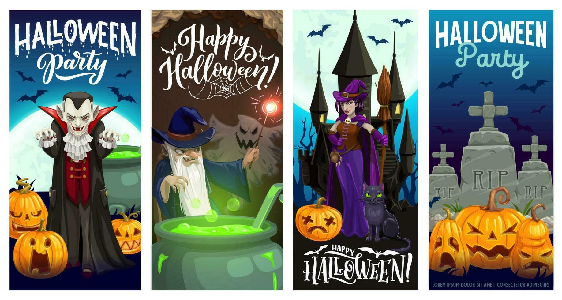 Halloween pumpkins, witch, ghosts. Party banners vector