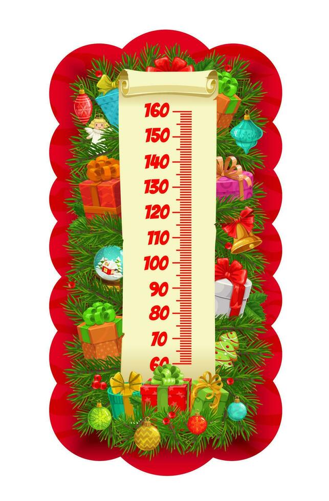 Christmas tree and gifts kids height chart meter vector