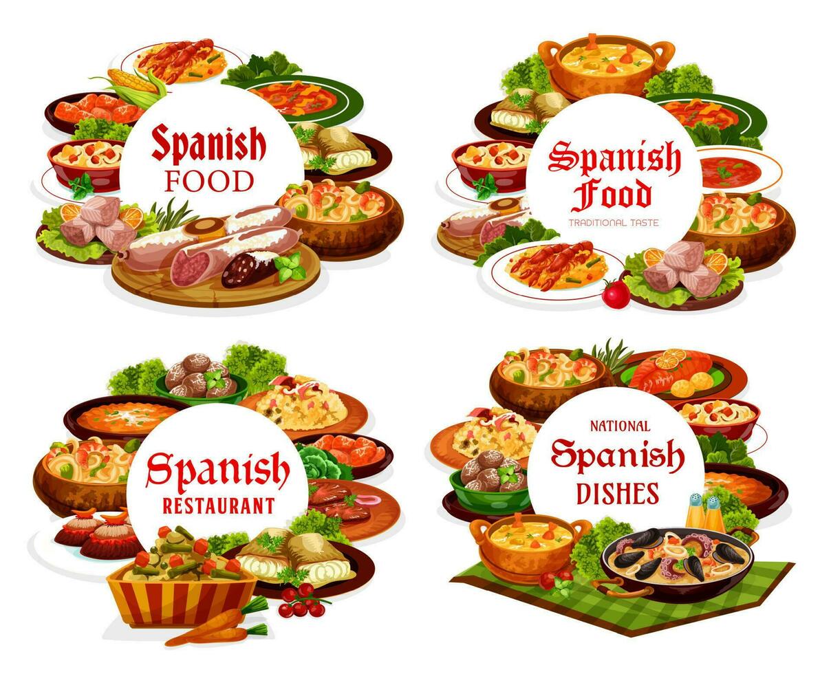 Spanish food cuisine, menu meals, restaurant Spain vector